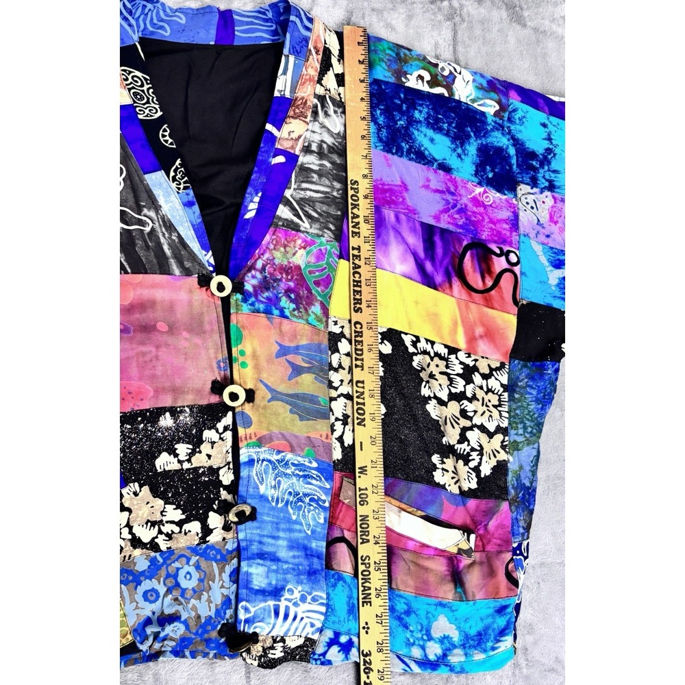 Vintage 80s Patchwork Rayon Batwing Jacket One Size Boho Art To Wear - Picture 4 of 12